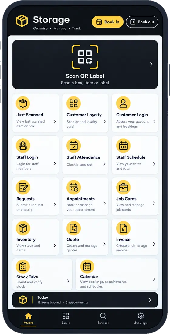 The OwlApps storage app on a phone: scan a QR label, book items in and out, and open stock, quotes, invoices, staff and calendar from one home screen