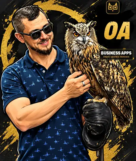 Illustration of Marius holding an eagle owl, with the OwlApps logo, the letters OA and the words Business Apps